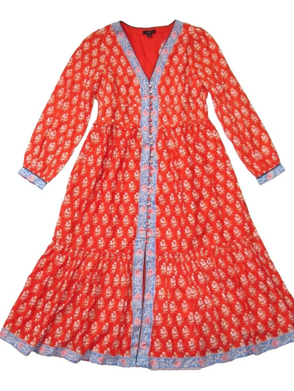 J.Crew Button-up Tiered Midi in Cerise Cove Red 100% Cotton Dress Size 0 $148